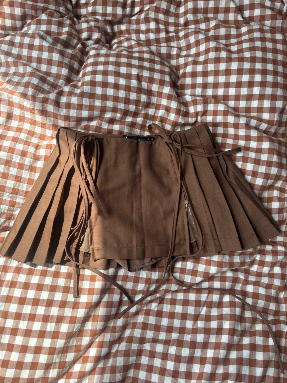 Brown Pleated Mini Skirt with Side Ties